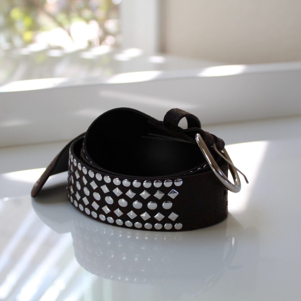 Dark Brown Leather Belt with Silver Studs